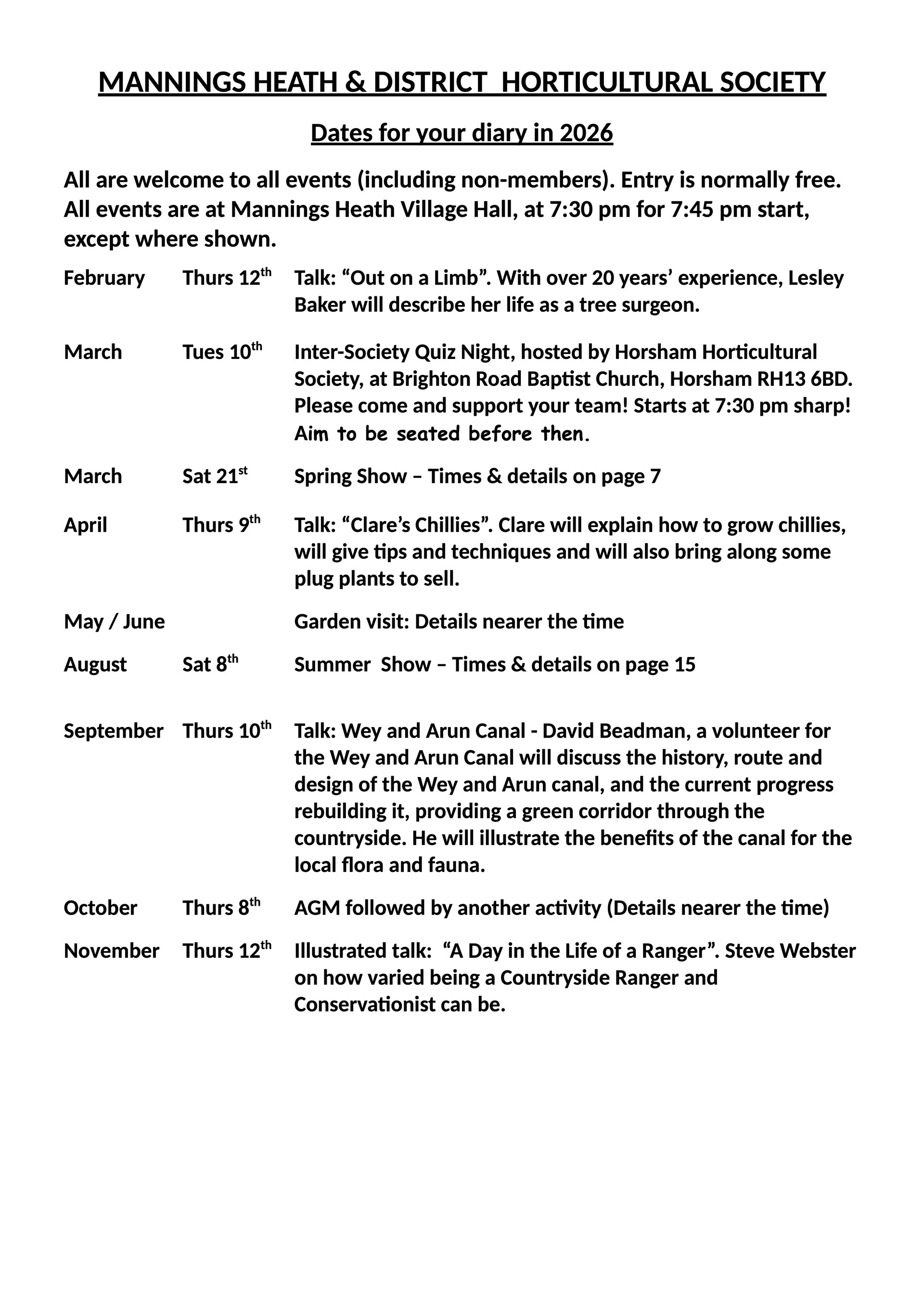 Mannings Heath & District Horticultural Society Dates for your Diary 2026