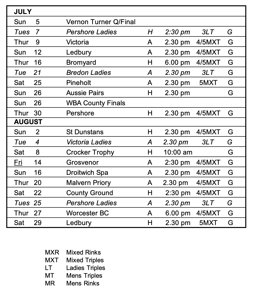 Manor Park Outdoor Bowls Club Fixtures 2023