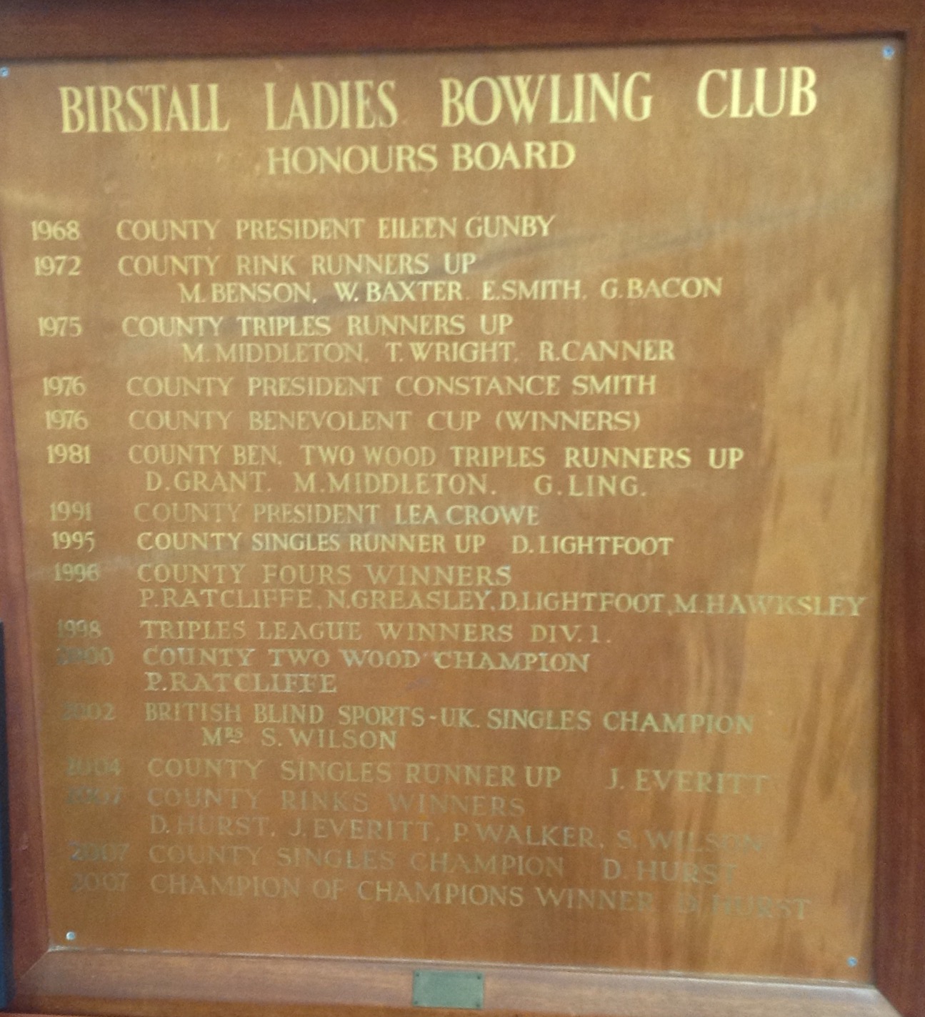 County Honours Board 1968-2007 (Birstall Ladies)