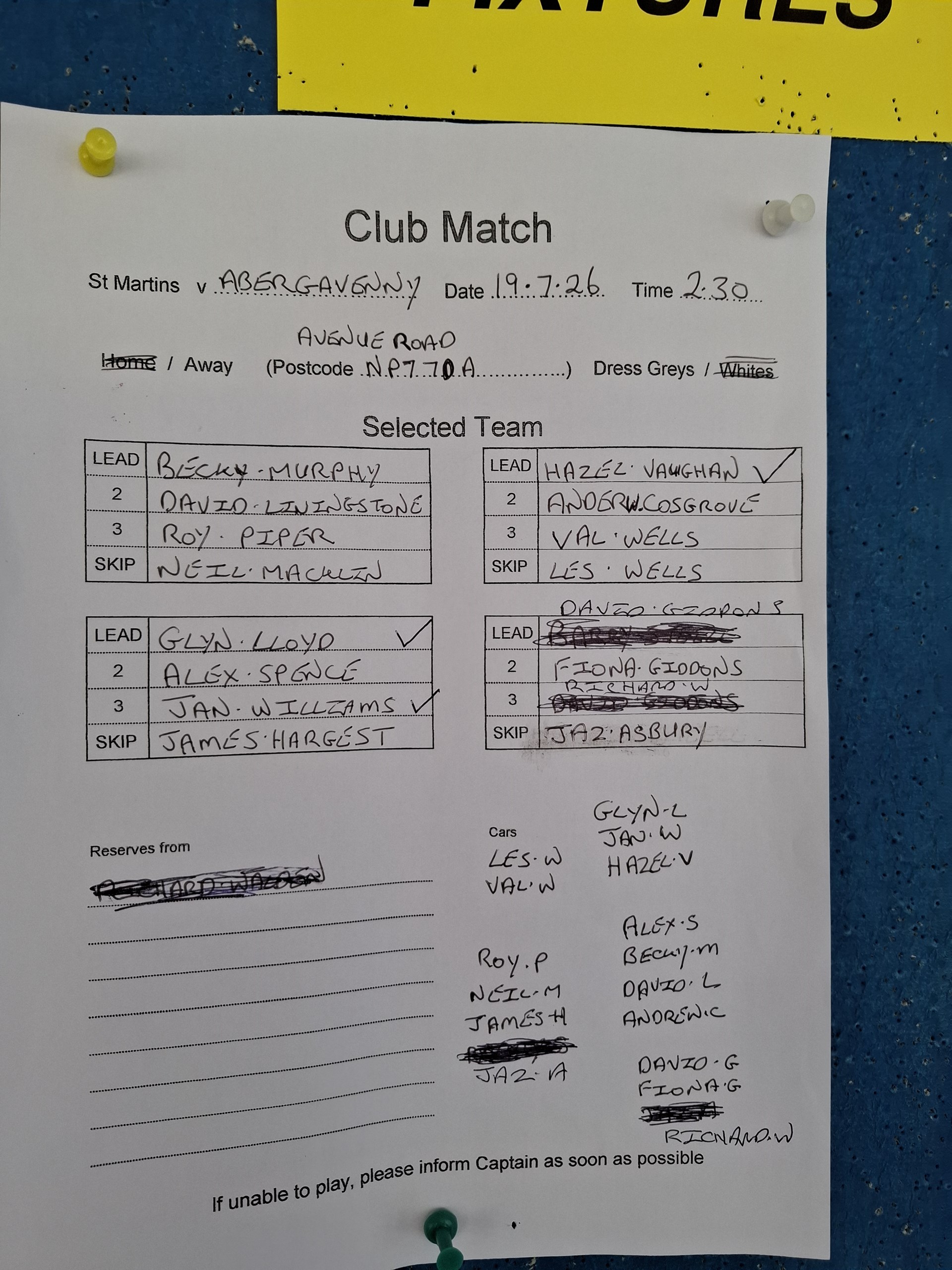 St Martin’s Bowls Club Abergavenny team selection 19 July