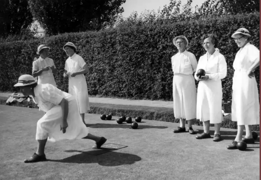 Sudbury Ladies Bowling Club early 1950's: Bowling is Mrs Carter and the two ladies on the left are Mrs Brimlecombe talking to Mrs Watson.         Photograph courtesy of Sudbury Museum Trust.
