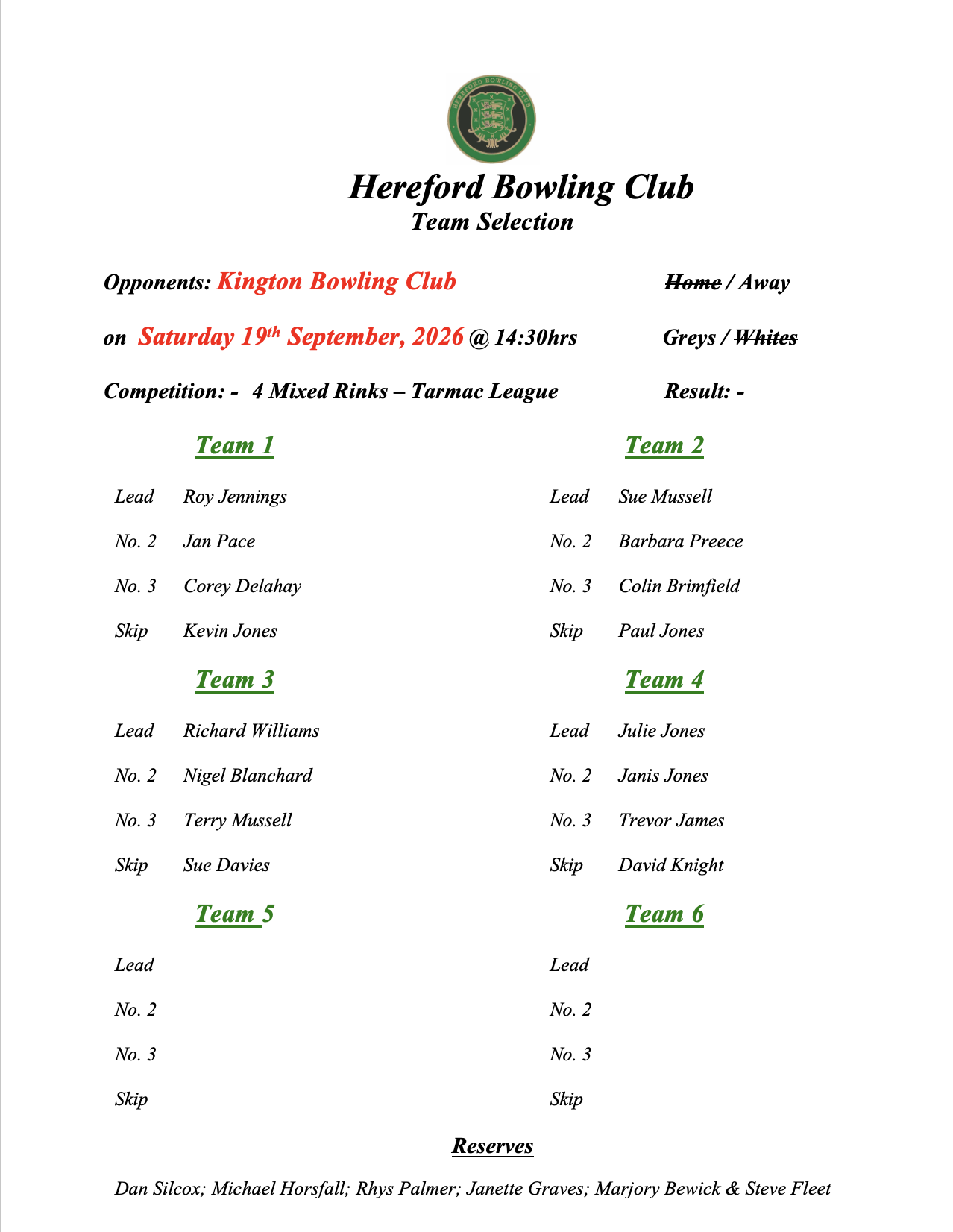 Hereford Bowling Club Kington - Tarmac League - 19/09/26