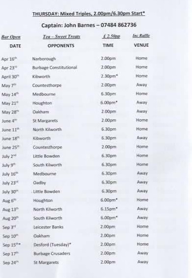 Hart of Fleckney Bowls Club Friendlies (Thursdays)
