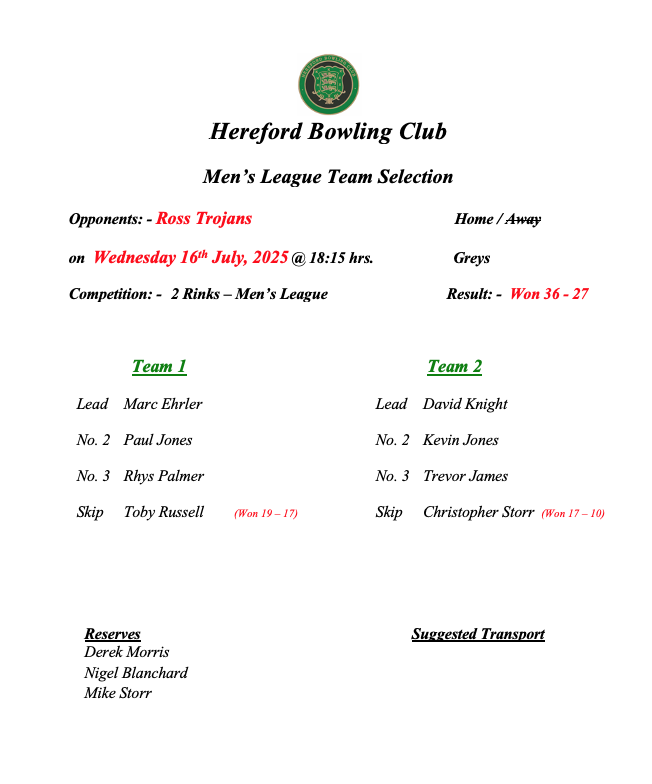 Hereford Bowling Club Ross Trojans - Men's League - 16/07/25