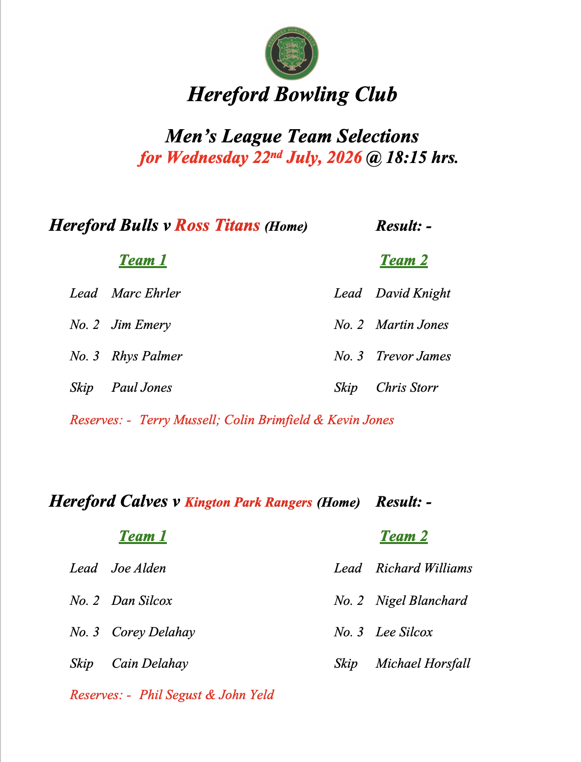 Hereford Bowling Club Men's League - 22/07/26