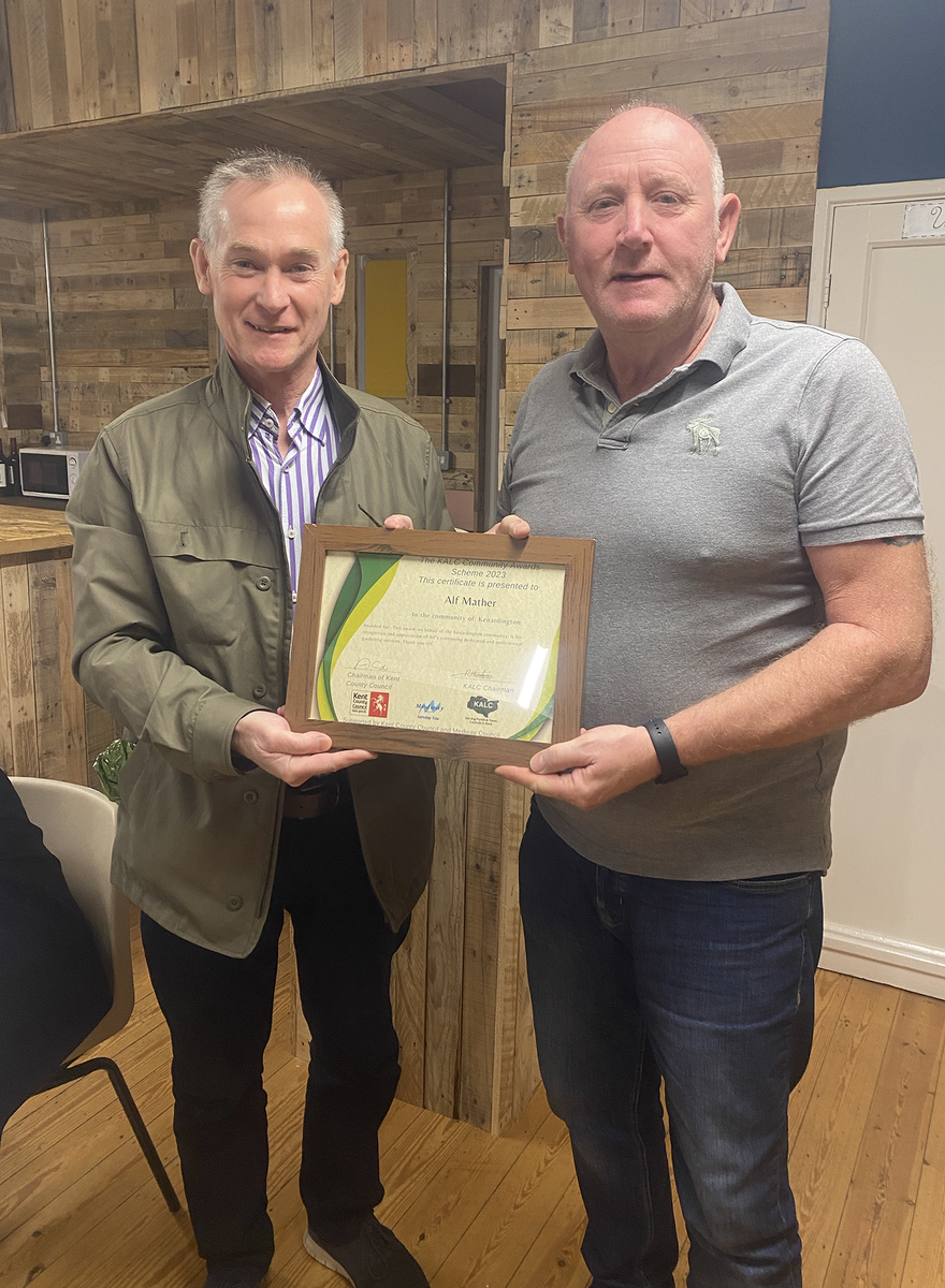 Congratulations to Alf Mather who was presented with the 2023 KALC Community Award at the Annual Parish Meeting 11th April 2023. Kenardington Parish Council Chairman Steve McKintyre thanked Alf and presented him with the award