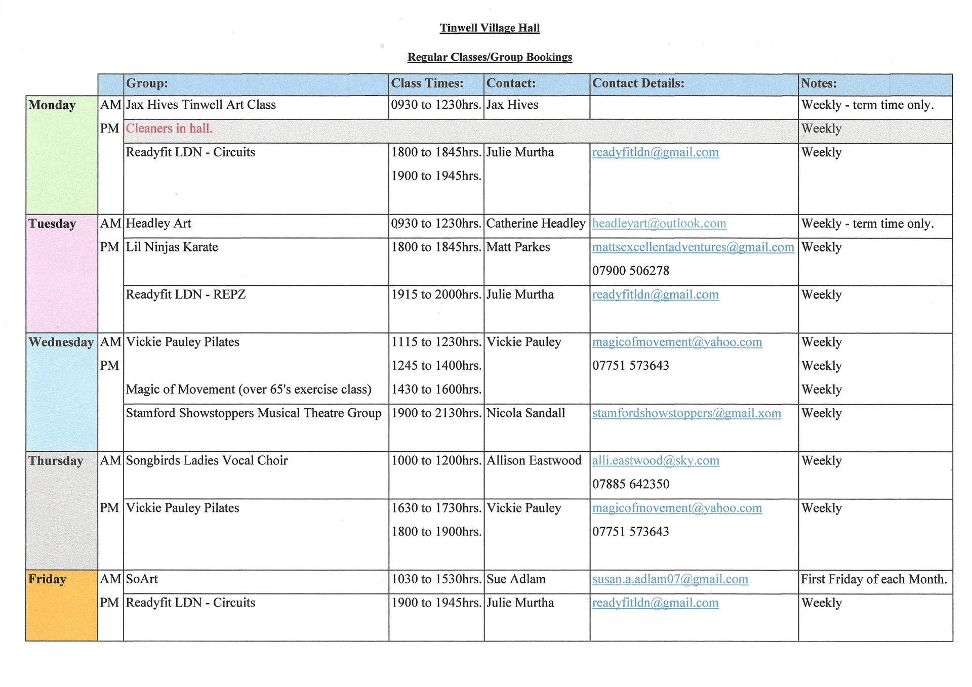 Tinwell Village Hall Regular Classes