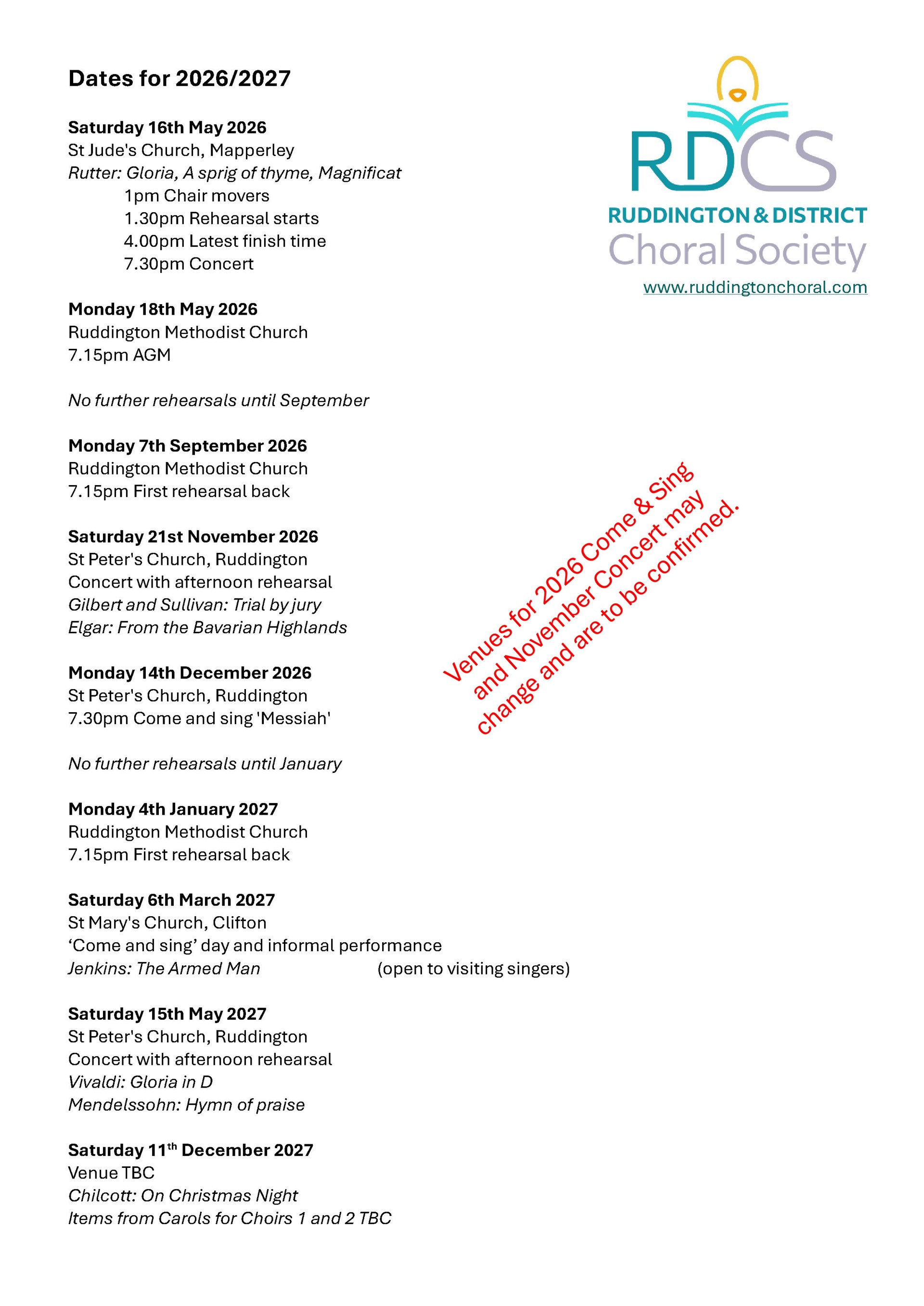 Ruddington and District Choral Society Members' information