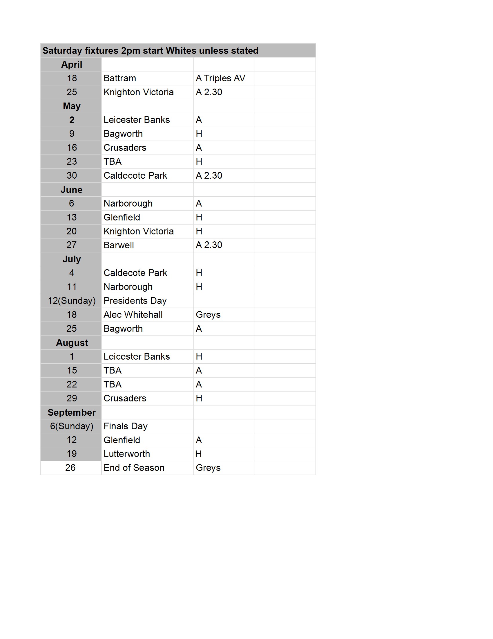 Burgess Bowls Club Saturday Fixtures 2026