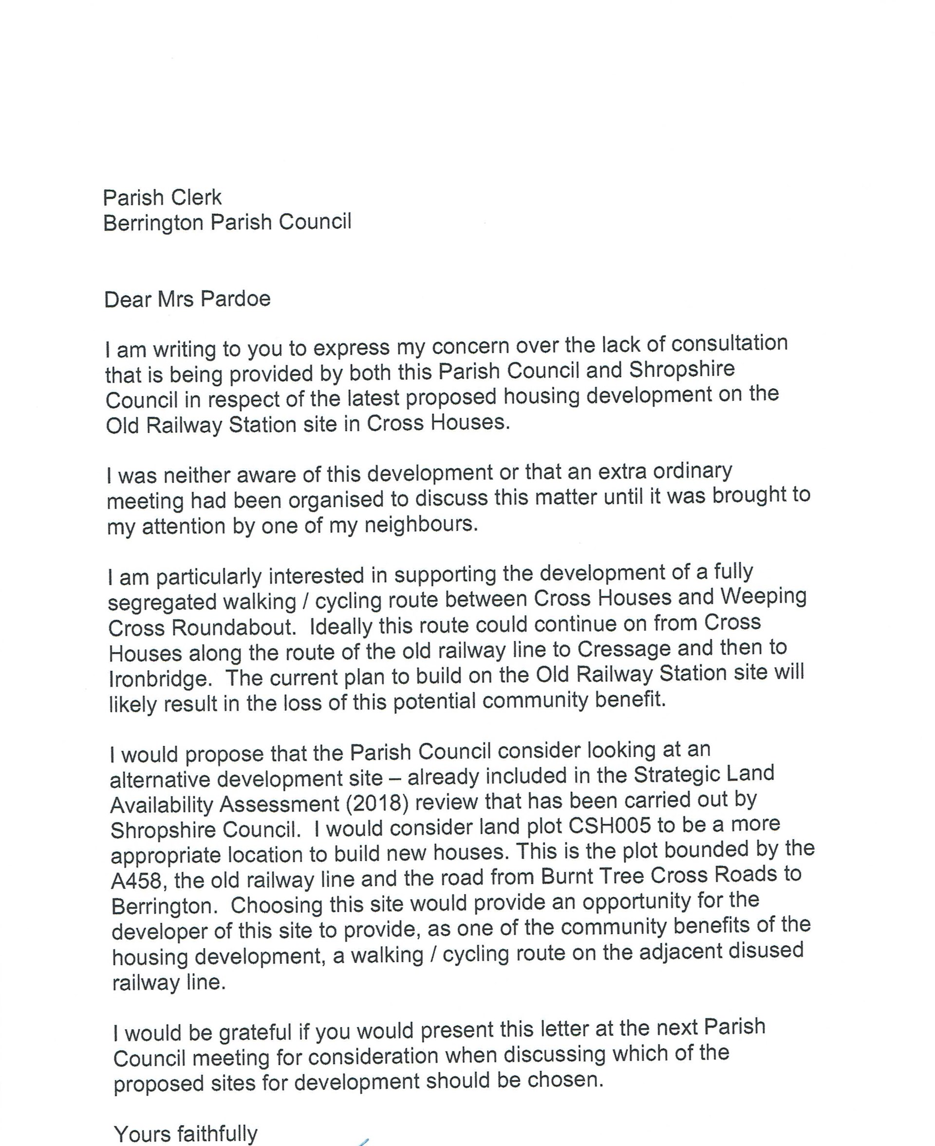 letter received from 20 residents concerning the selected site for Crosshouses