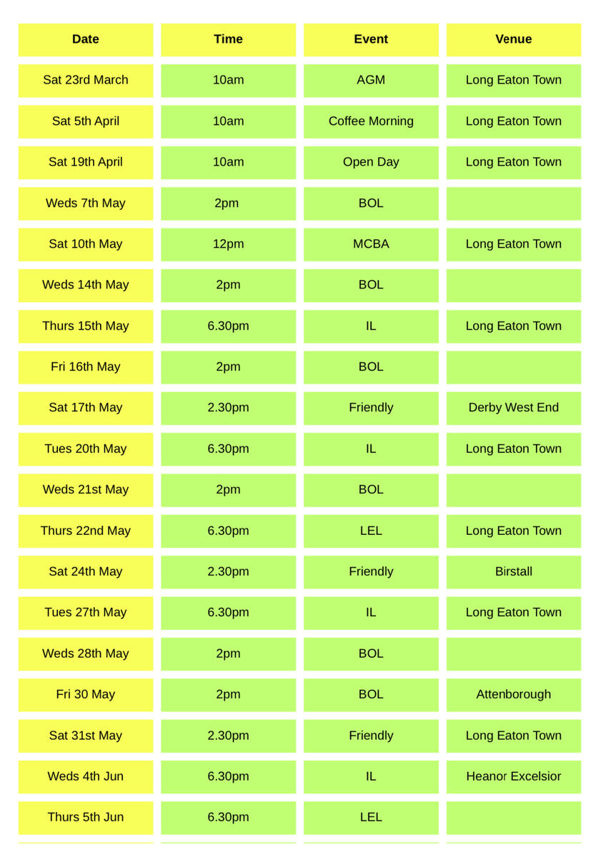 Long Eaton Town Bowls Club 2025 Calendar