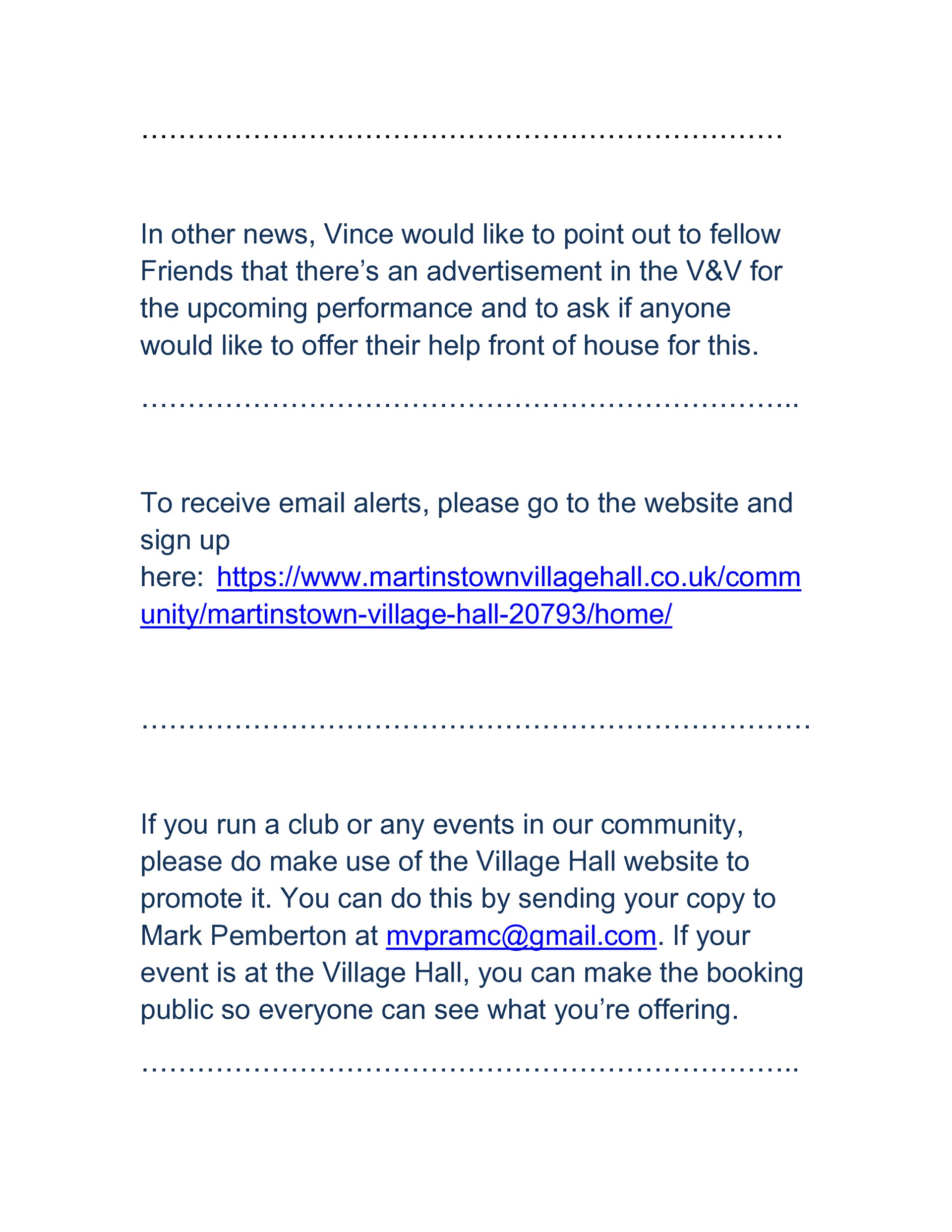 Martinstown Village Hall Friends of the Village Hall