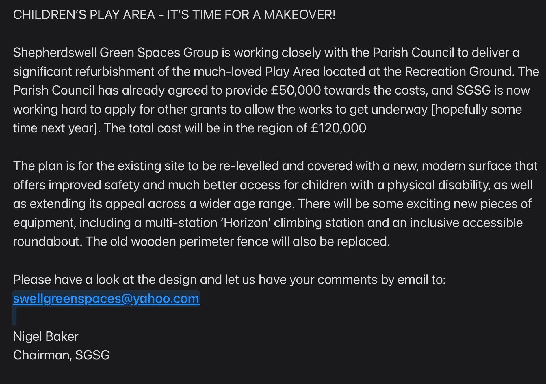Shepherdswell with Coldred Parish Council Children's Play Area