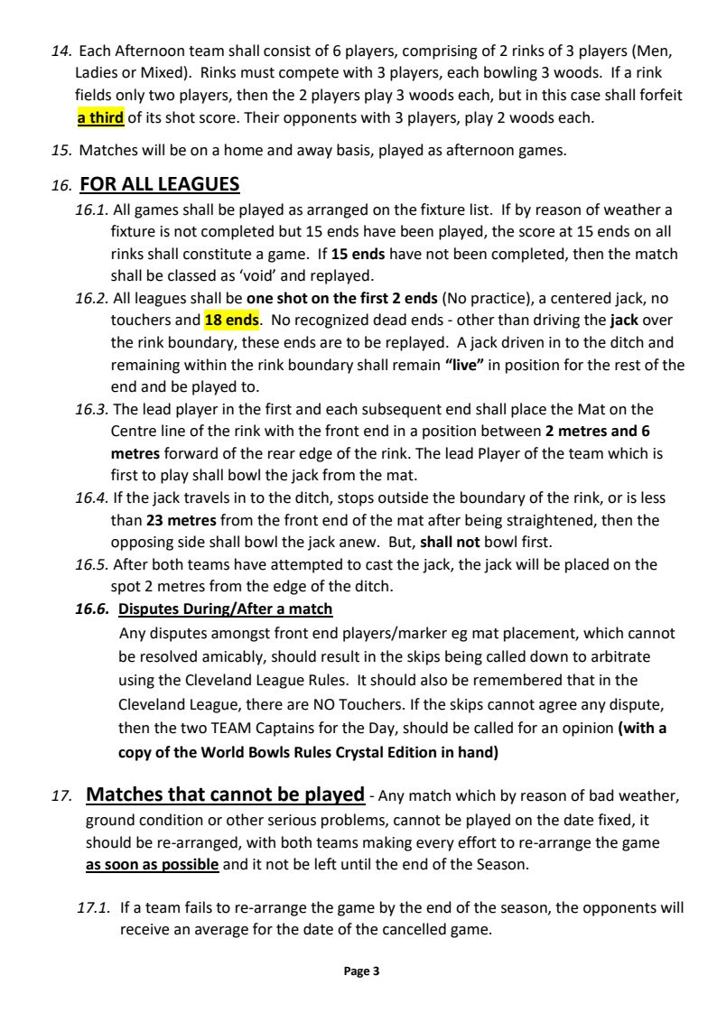 CLEVELAND BOWLS LEAGUE 1921 Rules - Updated Jan 2024