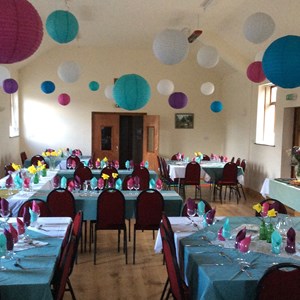 Hall decorated for a wedding reception