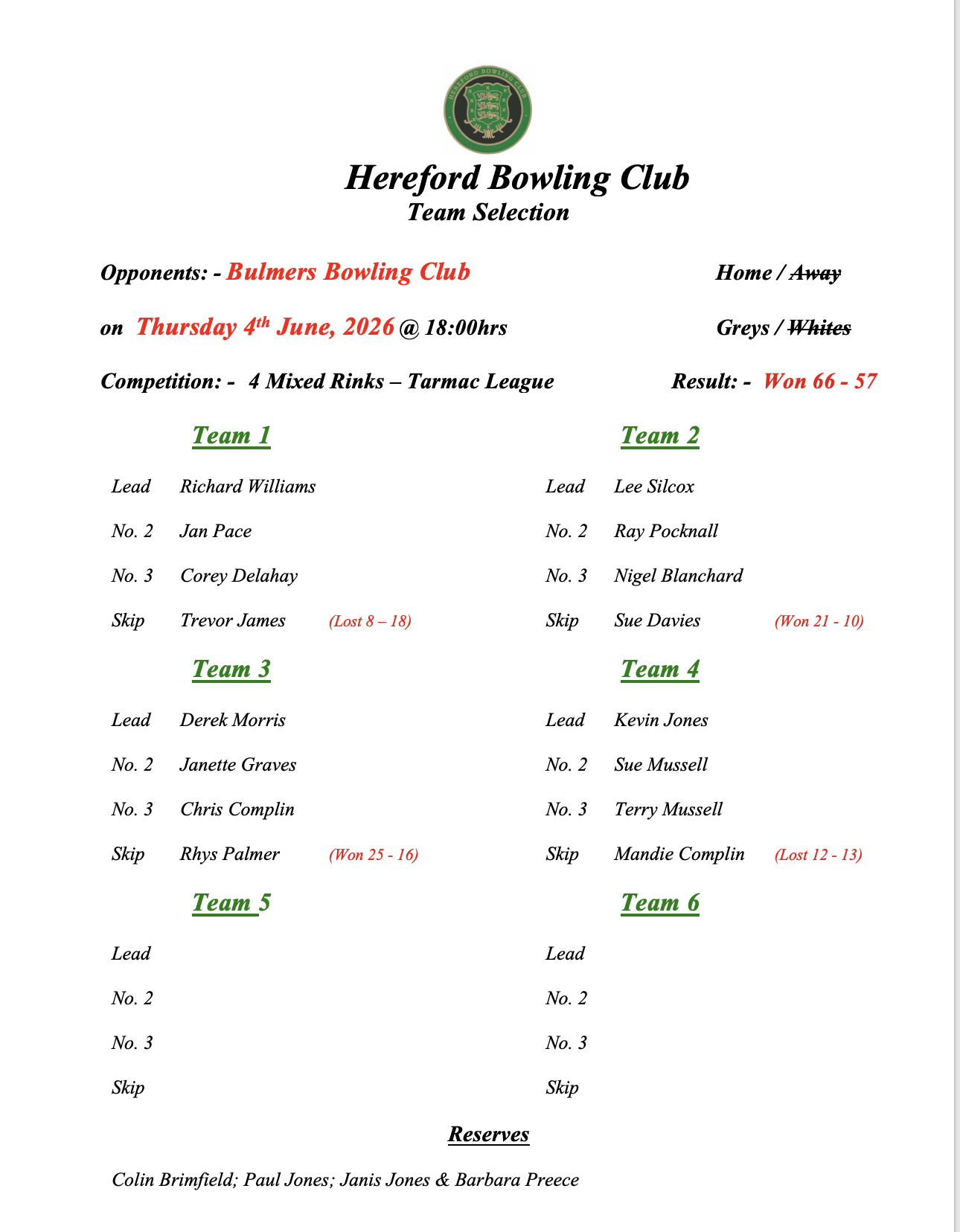 Hereford Bowling Club Bulmers - Tarmac League - 24/05/26
