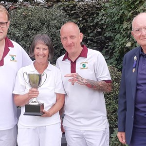 Mixed Triples Winners Lewis Voysey, Sue Brightman, Nathan Hanley, with P&D President