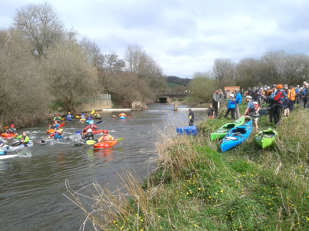 River Axe Canoe Race start line. Whitford Bridge. March 2025