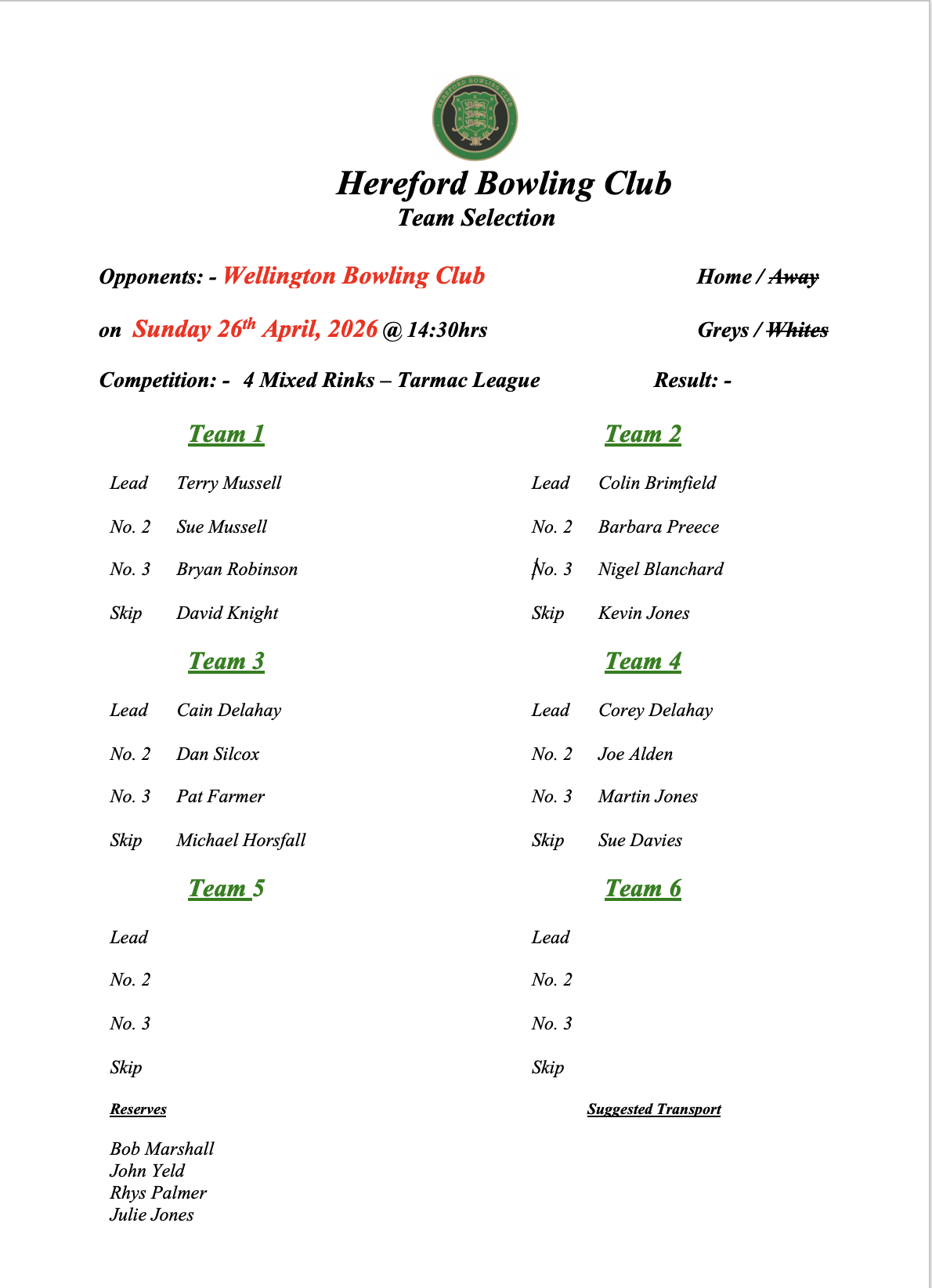 Hereford Bowling Club Wellington - Tarmac league - Home