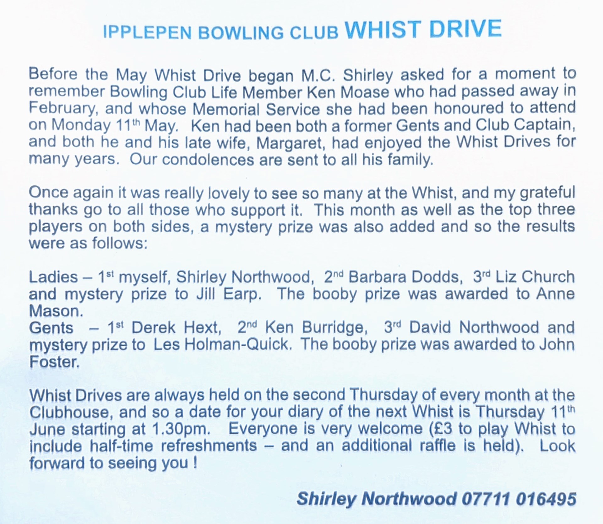 Ipplepen Bowling Club Ipplepen Magazine Whist Drive Reports