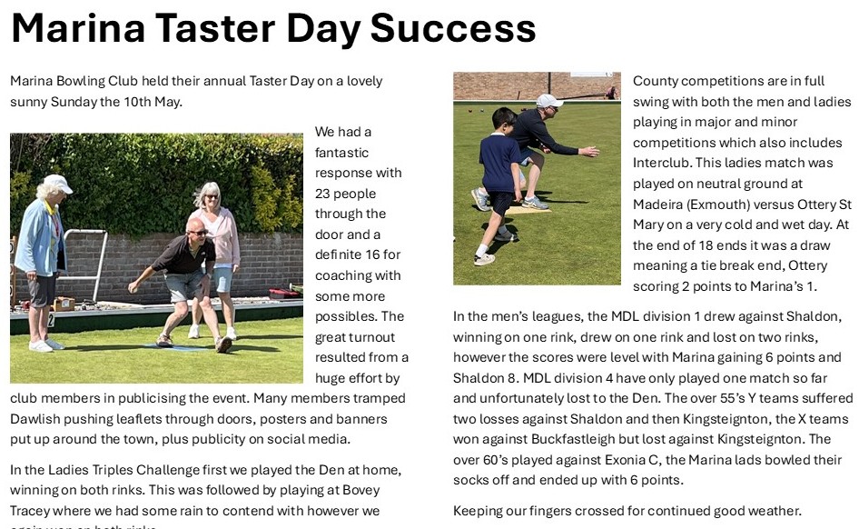 Marina Bowling Club Dawlish 2026 Press Items