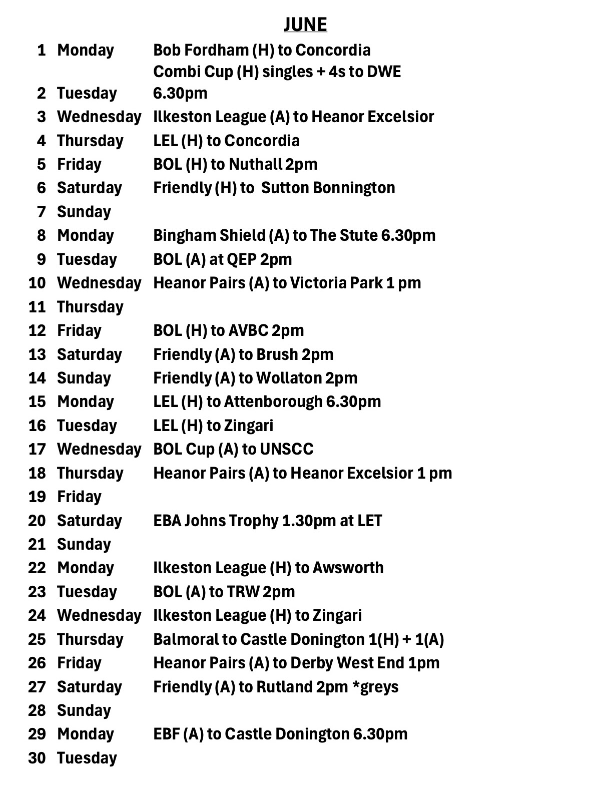 Long Eaton Town Bowls Club Fixtures Calendar