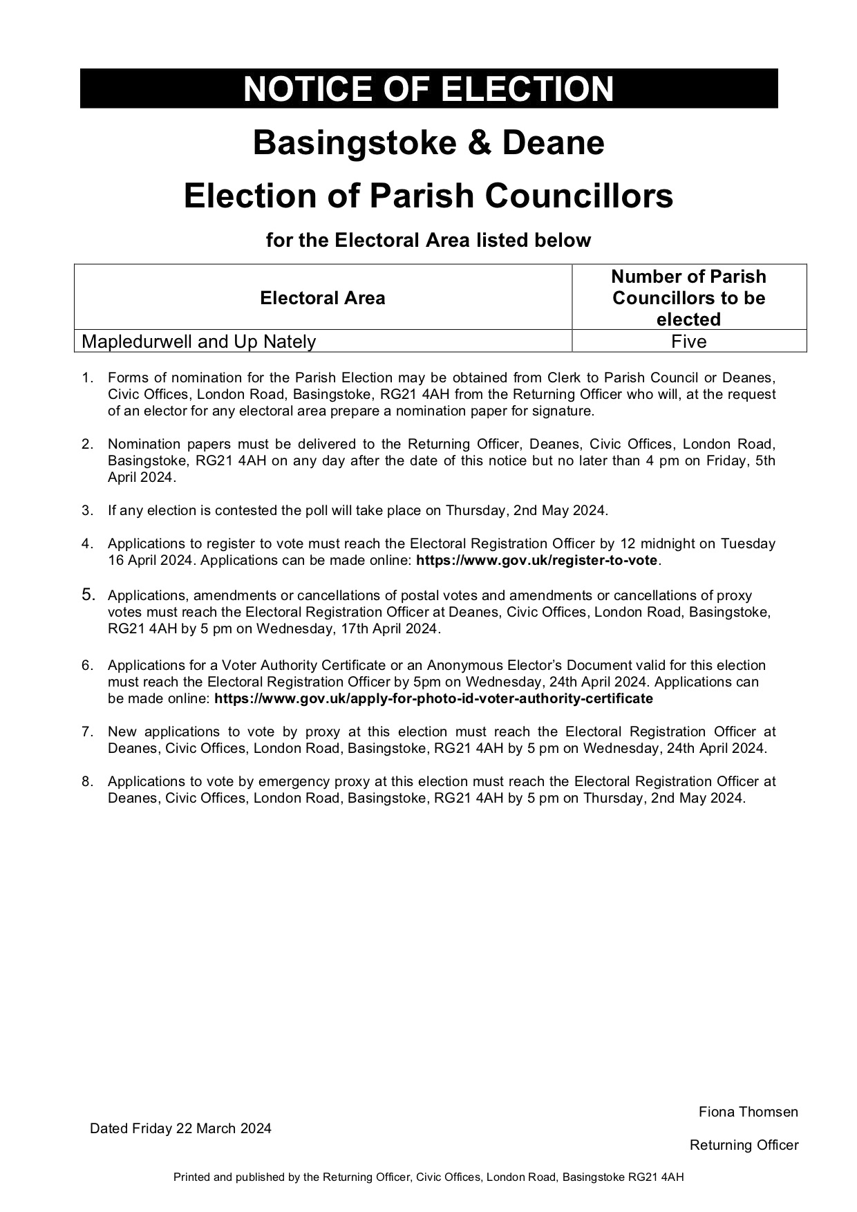 Mapledurwell & Up Nately Parish Council Notice of Election 2024