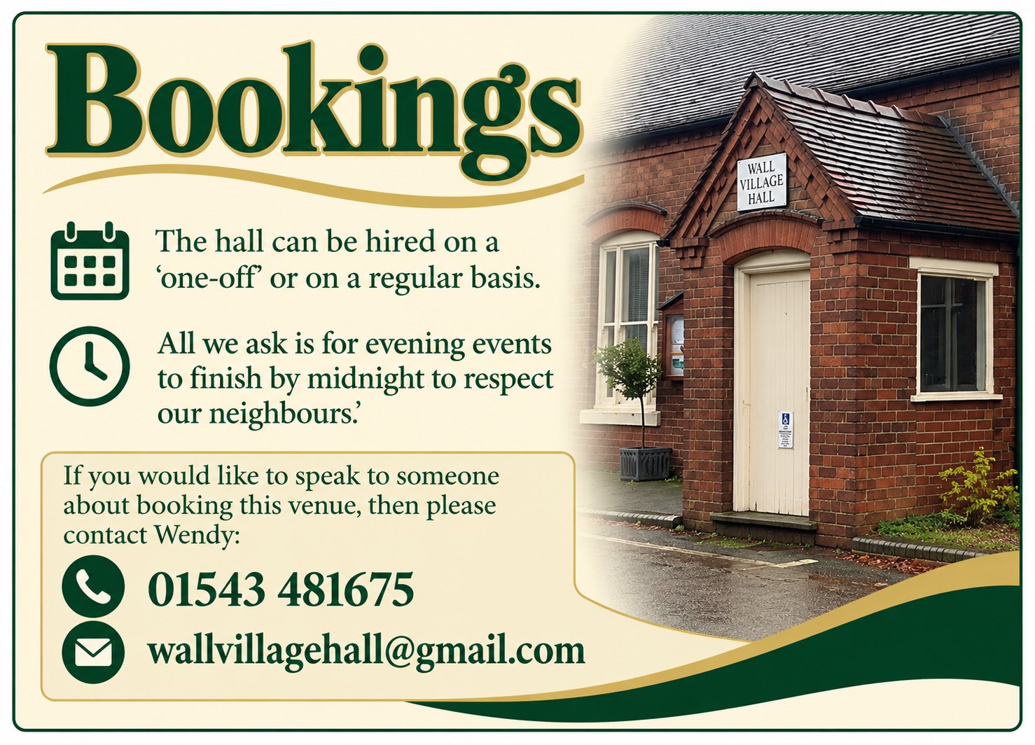 Wall Village Hall (WATLING STREET) Bookings