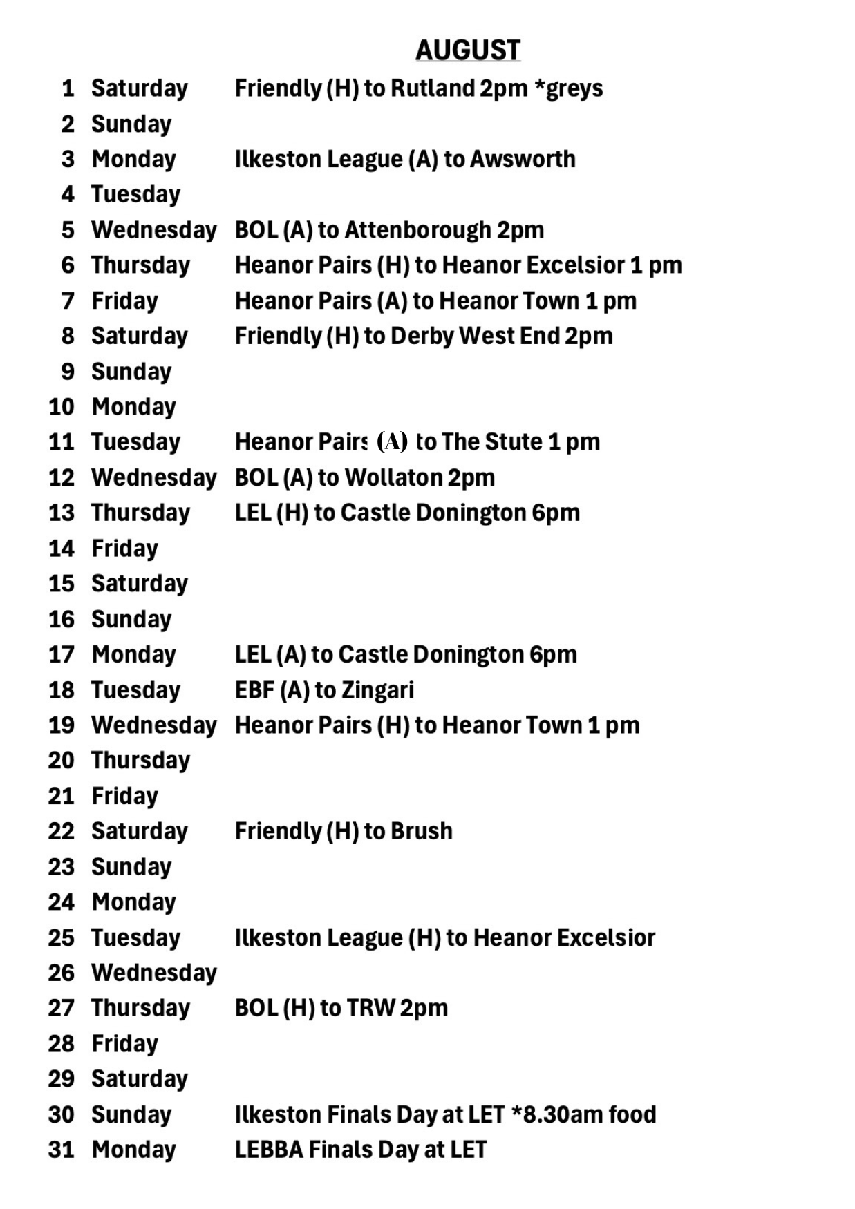 Long Eaton Town Bowls Club Fixtures Calendar