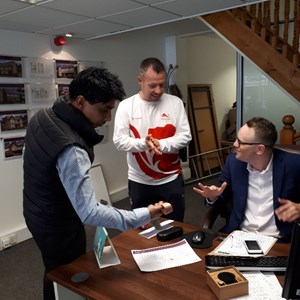 David showing his Bronze Medal to LLoyd and Baz from Stonhills Estate Agents in Daventry, who are one of the Sponsors of David's Visit