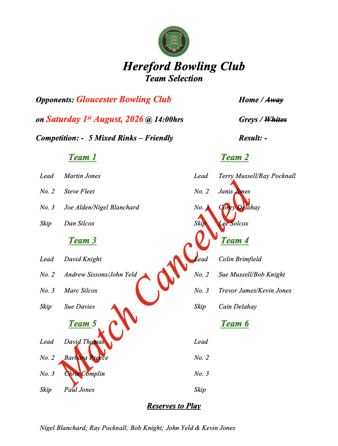 Hereford Bowling Club Gloucester - Friendly - 01/08/26