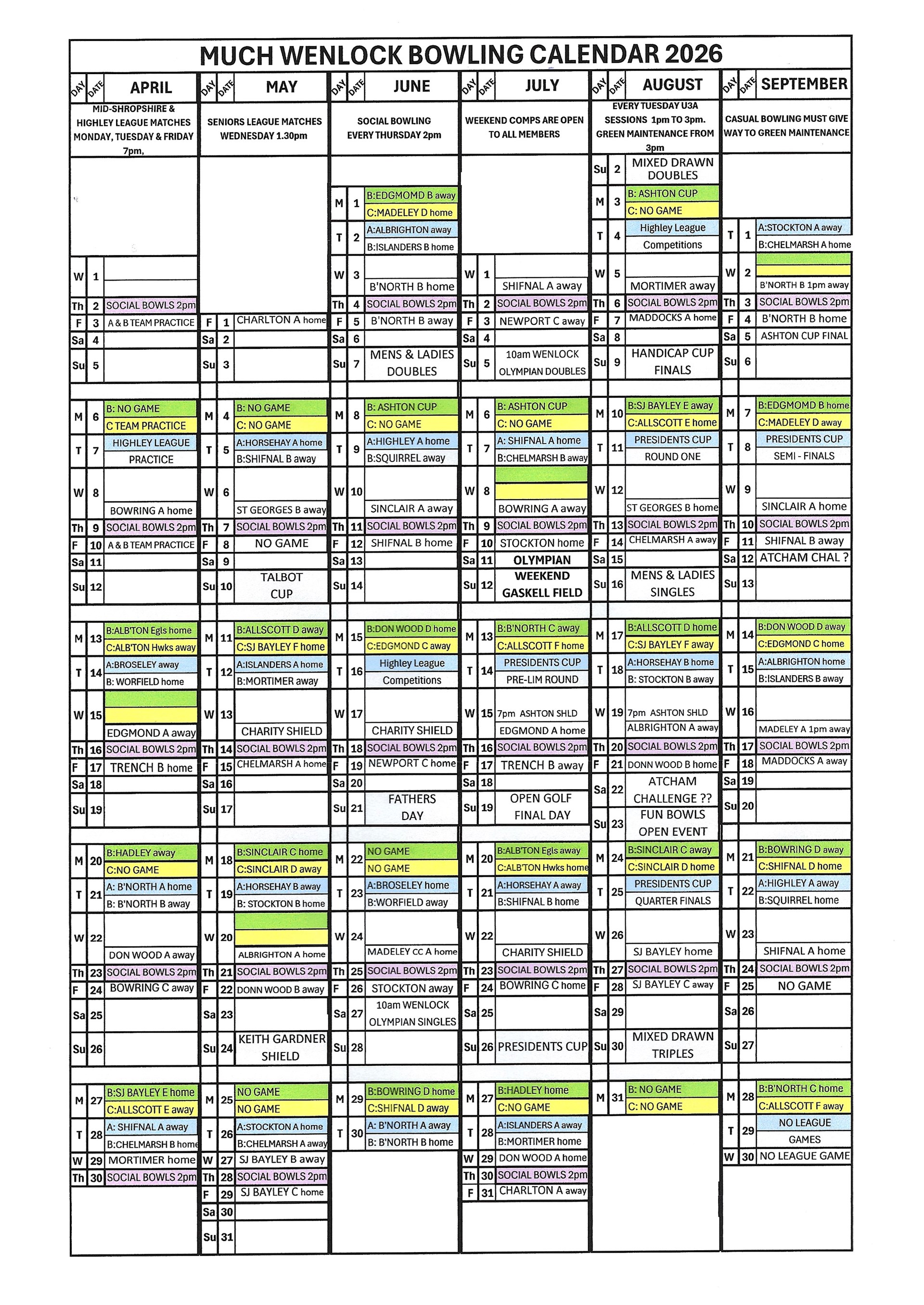 Much Wenlock Bowling Club Bowling Calendar