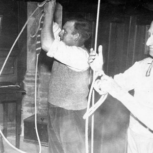 Belling in Sydling church with tower capting Dick Newman ring the  fourth bell (in centre) and Mr  Lovell ring the Tenner