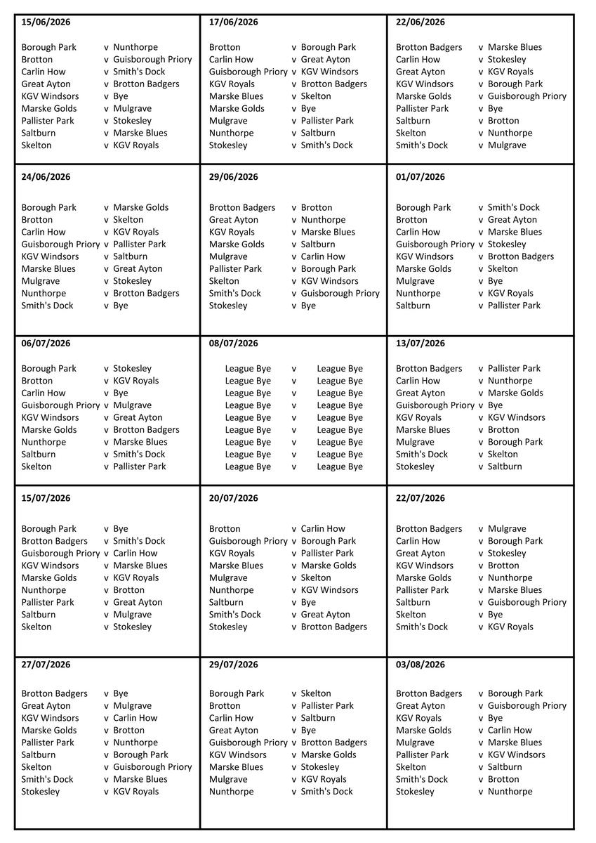 CLEVELAND BOWLS LEAGUE 1921 Afternoon Fixtures for 2026 (not ready)