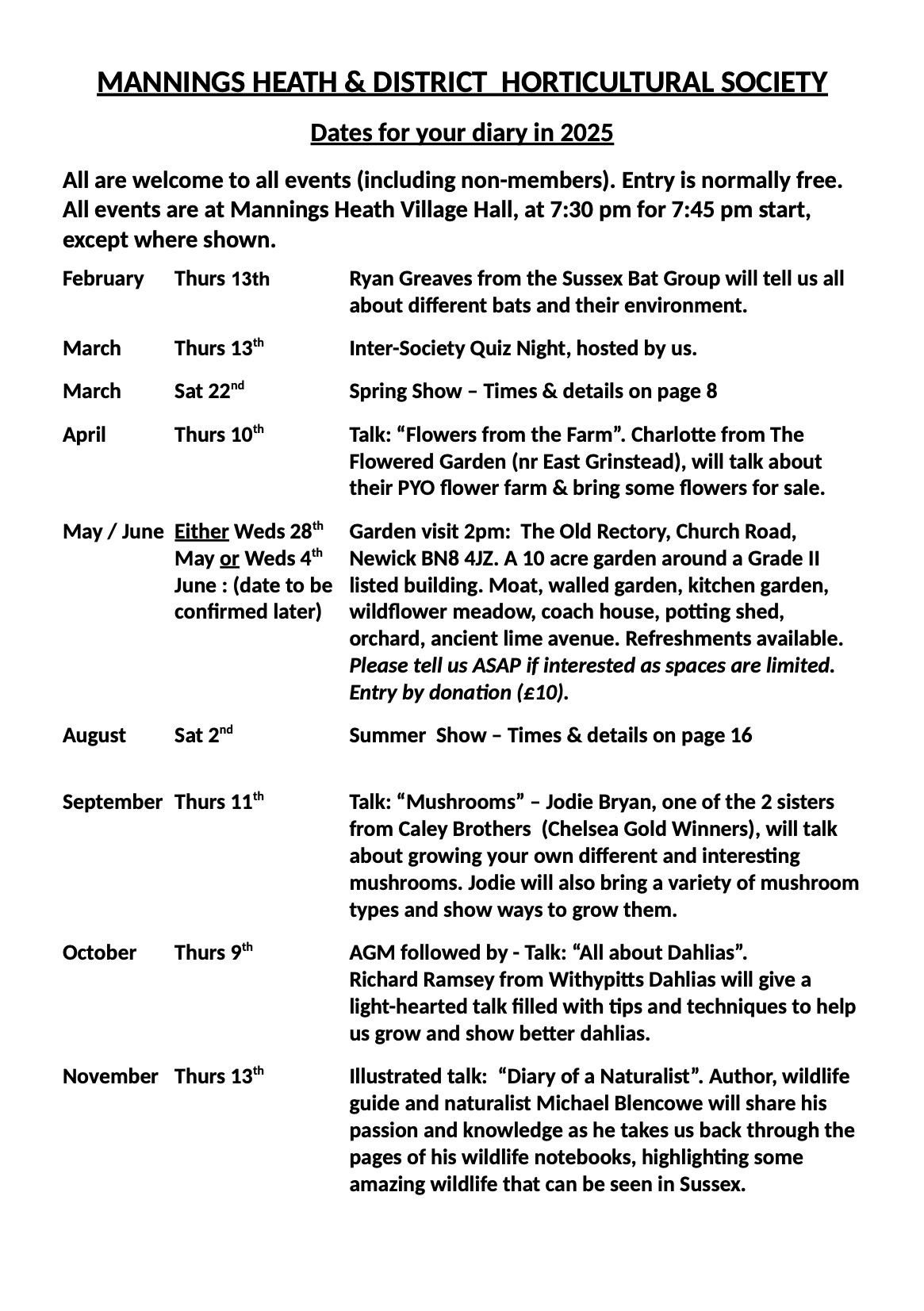 Mannings Heath & District Horticultural Society Dates for your Diary 2025