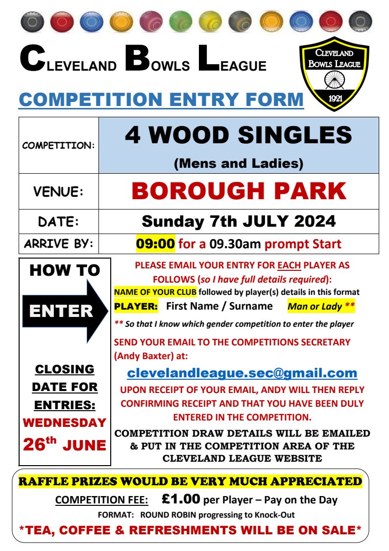 4 Bowls Singles - Sun 7th Jul - CLEVELAND BOWLS LEAGUE 1921 - CLEVELAND ...